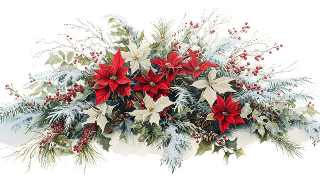 A festive arrangement of poinsettias and berries, perfect for Christmas decorations. Use this picture to add a touch of holiday cheer to your designs