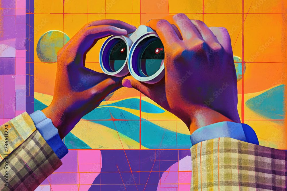 Poster a painting of a man using binoculars to observe his surroundings. can be used to represent curiosity
