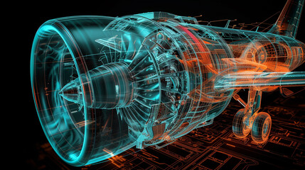 A detailed scan of an aircraft engine in operation capturing the intricate mechanics and airflow dynamics