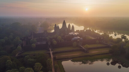 A drone captures Angkor Wat at dawn its spires and moats illuminated by the first light showcasing the spectacular and ancient majesty from above - obrazy, fototapety, plakaty