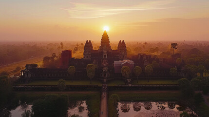 A drone captures Angkor Wat at dawn its spires and moats illuminated by the first light showcasing the spectacular and ancient majesty from above