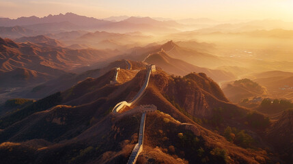 A drone view captures the Great Wall of China winding like a dragon through mountains its ancient stones bathed in the glow of dawn
