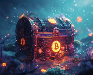 A glowing treasure chest with gold coins and Bitcoin tokens on the seabed surrounded by curious marine life