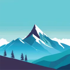 Deurstickers Minimalist mountain silhouette against a sky-blue background, embodying adventure and outdoor exploration.  © Hogr