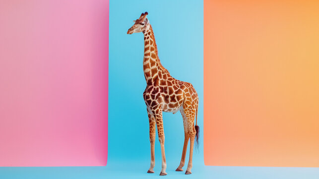 A giraffe stands tall in a studio its elegant pattern set against a vibrant colored background