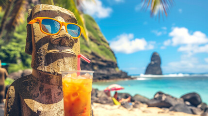A Moai statue sipping a soda under the bright sun shades on with a tropical beach backdrop