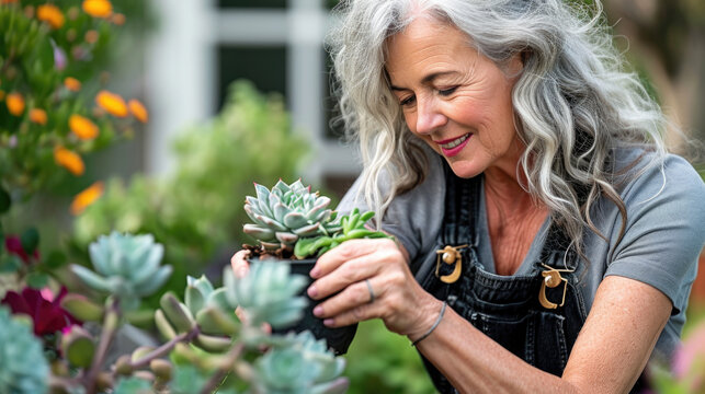 A woman is seen holding a potted plant in a beautiful garden. This image can be used to depict gardening, nature, or the joy of growing plants