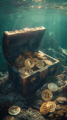 Ancient chest buried under the sea brimming with gold coins and digital Bitcoin light filtering through water