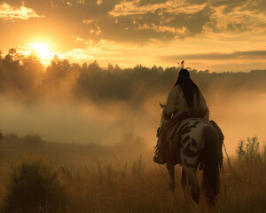 Dawn breaks over a clearing where a Native American on horseback communes with the spirits of the land