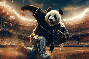 Dynamic shot of a panda pitcher in full uniform mid throw on the mound stadium lights ablaze