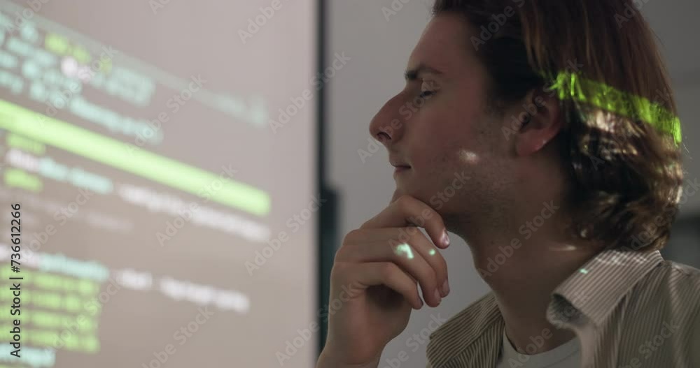 Aufkleber Man, presentation and coding for technology in office with thinking for web 3.0 development. Programmer, projector or person with software for idea, solution or strategy by board with script analysis