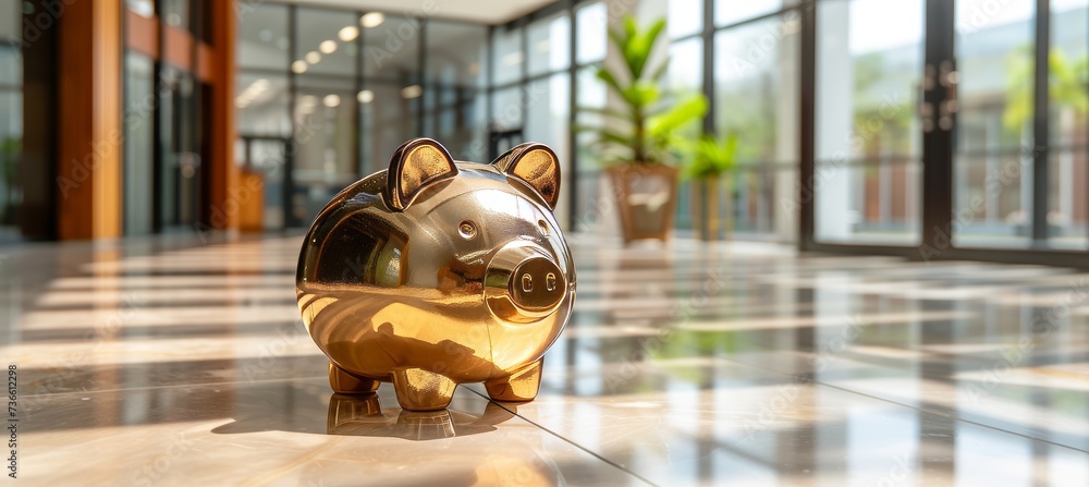 Poster golden piggy bank on blurred defocused background with copy space for text placement