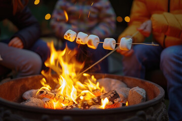 Group of people gathered around a fire pit, roasting marshmallows. Perfect for outdoor activities and camping scenes