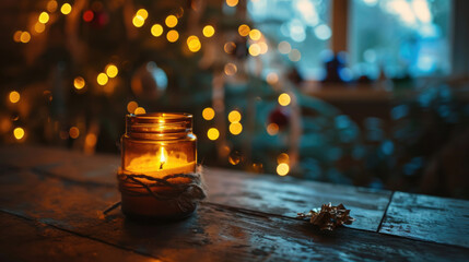 A lit candle sitting on top of a wooden table. Perfect for creating a cozy and warm ambiance.