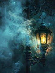 In the twilight a lantern emits a mysterious smoke casting magical glows and shadows