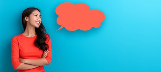 Smiling patient with speech bubble for testimonial quote, copy space for text placement