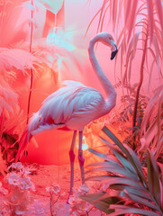 The studio transforms with a pink glow as a flamingo gracefully interacts with the scene a vision of beauty