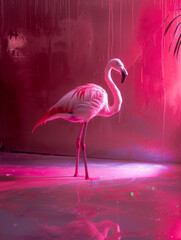 The studio transforms with a pink glow as a flamingo gracefully interacts with the scene a vision of beauty
