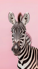 Fototapeta na wymiar The stark stripes of a zebra against a gentle pastel background a studio portrait that blends wildness with softness