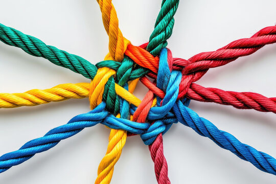 A group of multicolored ropes arranged in a circle. Can be used for team building activities or as a visual representation of unity and diversity