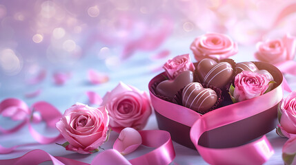 a heart shaped box filled with chocolates and pink roses on a white background