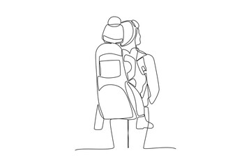 Continuous one line drawing mother carrying her child while hiking, binocular, and hiking gear reading route map. Looking for direction, trekking location. Single line draw design vector illustration