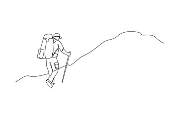 Continuous one line drawing a man climbs a mountain carrying a carrying bag, binocular, and hiking gear reading route map. Looking for direction, trekking location. Single line draw design vector illu