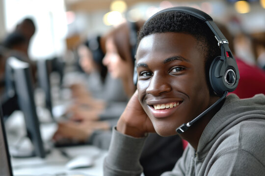 A young man wearing headphones sits in front of a computer, immersed in his work. This image is perfect for illustrating technology, remote work, or online communication