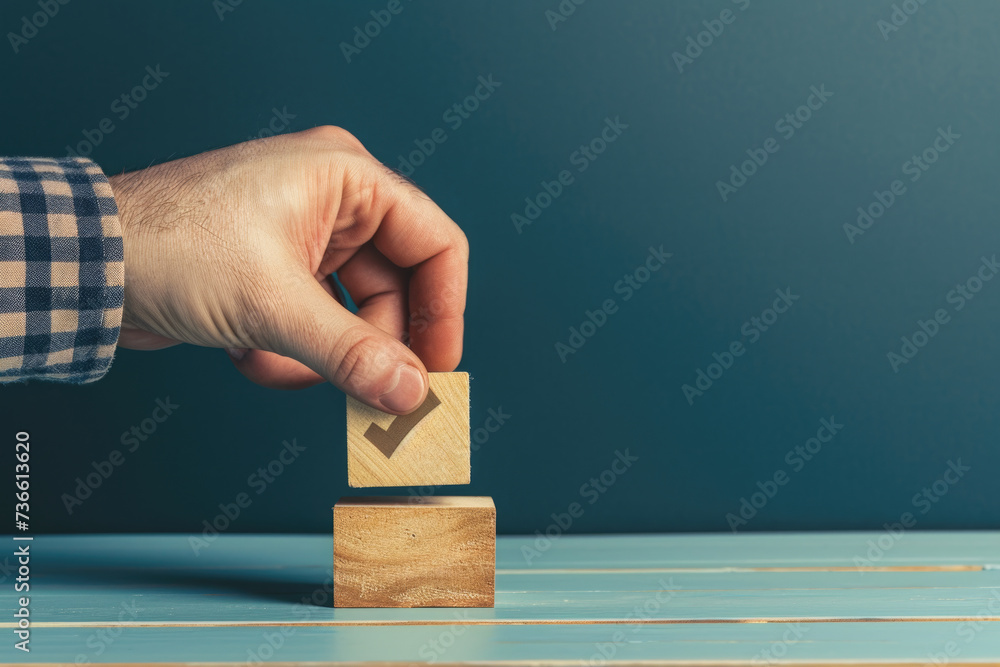 Poster a person placing a piece of wood with a tick mark on it. this image can be used to represent complet