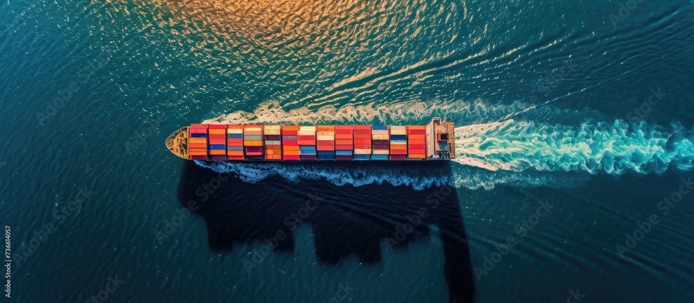 Poster container ship seen from above, moving on open ocean while transporting cargo.