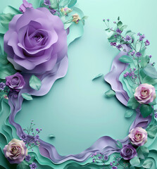 Beautiful spring background with copy space. Frame of Paper Flowers and green leaves composition. Postcart template for mother / women day pastel mint lavender colors.