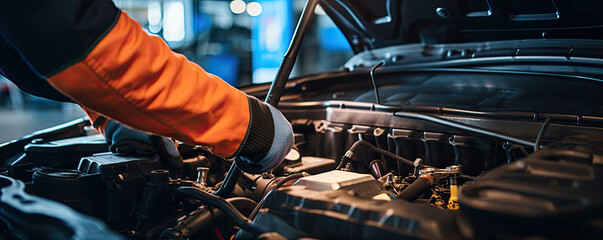 Man hands repairing a car in auto repair shop