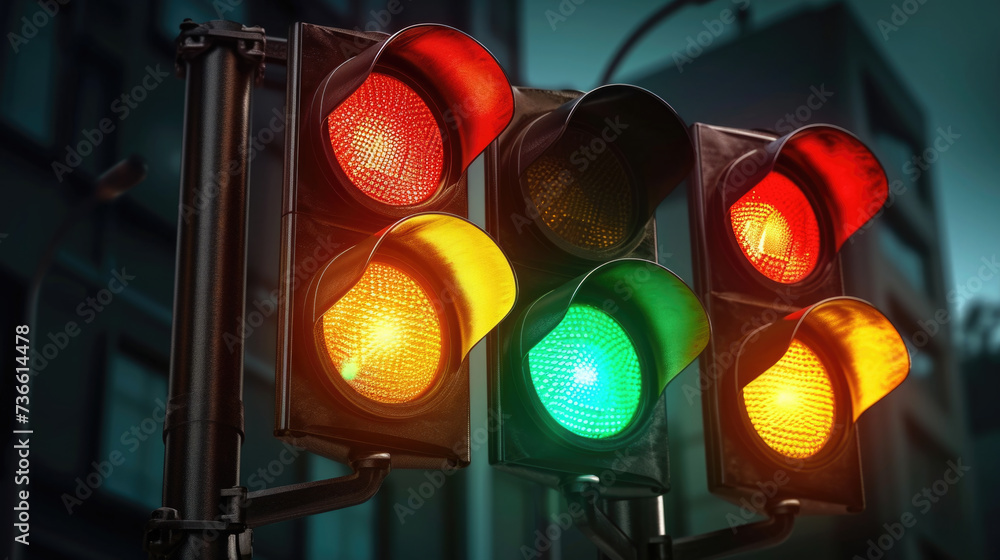Poster a close up view of a traffic light with a building in the background. suitable for illustrating urba