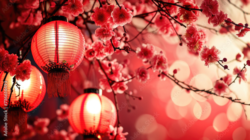 Poster a picture featuring a bunch of red lanterns hanging from a tree. this image can be used to add a fes