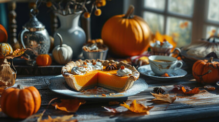 A slice of pumpkin pie on a table. Perfect for Thanksgiving or fall-themed designs