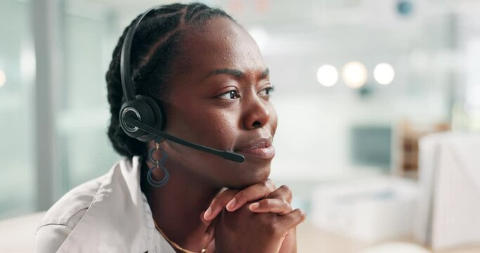Help desk, listening and phone call with black woman, headset and consultant at customer service agency. Tech support, telemarketing and virtual assistant at callcenter in conversation at crm office.
