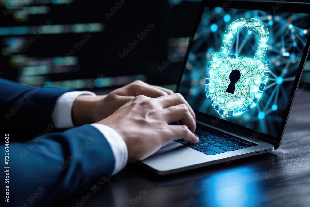 Poster a person using a laptop with a locked screen. this image can be used to depict online security, data