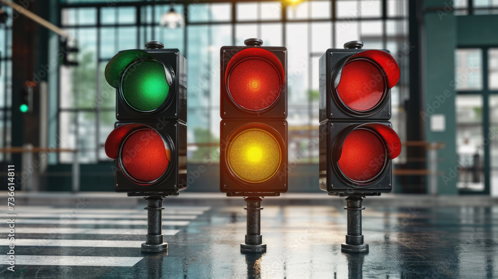 Poster a picture of three traffic lights positioned in a row. suitable for illustrating traffic control, ro