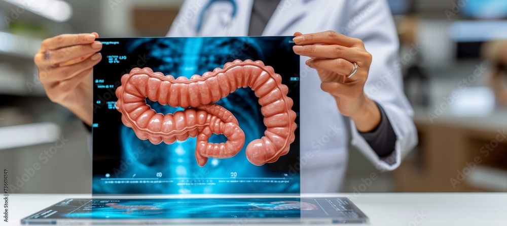 Poster digital x ray holographic scan projection of human intestine on blurred background with copy space