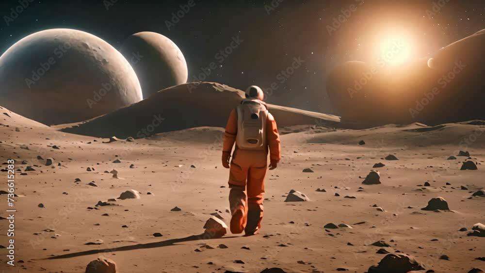 Aufkleber Man Standing on Top of Desert Covered Ground with Planets Generative AI