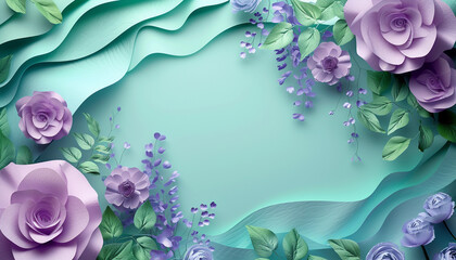 Spring cart with copy space. Frame of Paper Flowers and green leaves composition. Pastel mint lavender template background