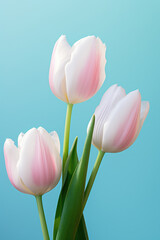 Three pink tulips in a vase against a vibrant blue background. This image can be used to add a pop of color to any floral-themed project or to represent beauty and elegance in various design concepts