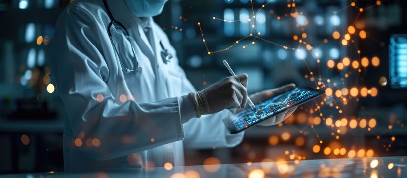 Medicine with futuristic technology. Doctors collaborate with computers, and holograms materialize intricate medical data, symbolizing harmonious future of advanced healthcare digital integration.