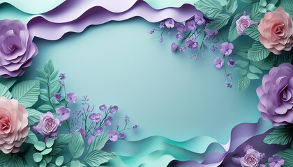 Beautiful Postcart with copy space. Frame of Paper Flowers and green leaves composition. Pastel mint lavender template background