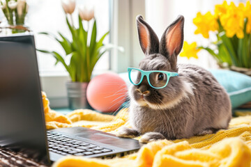 A rabbit wearing glasses sits on a blanket next to a laptop. This image can be used to represent technology, productivity, or studying - obrazy, fototapety, plakaty