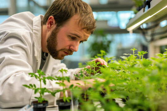Scientist examining plants in lab