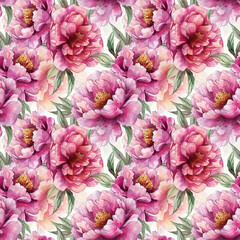 Seamless pattern of blooming pink peonies with green leaves. Imitation of a watercolor drawing. Design for wallpaper, posters, cards, wrapping paper and textile products.
