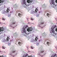 Seamless pattern of delicate blooming peonies in purple and pink colors. Imitation of a watercolor drawing. Design for wallpaper, posters, cards, wrapping paper and textile products.