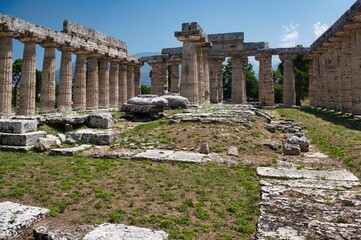 Fototapeta na wymiar The interior of the Basilica (also known as the temple of Hera) one of the perfectly preserved temples present in the archaeological park of Paestum, Salerno, Italy (1)