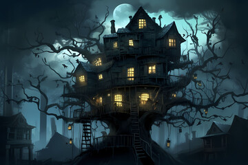 Spooky tree building of horror on Halloween with light coming from the hotel apartments illustration